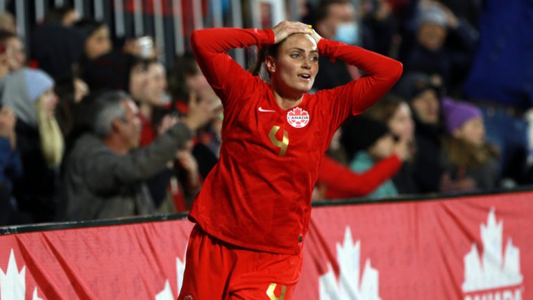 Canada's Shelina Zadorsky reacts after missing a shot on net during second half soccer action against Nigeria during the national team celebration tour at Starlight Stadium in Langford, B.C., Monday, April 11, 2022. Canada tied Nigeria 2-2. (Chad Hipolito/CP)