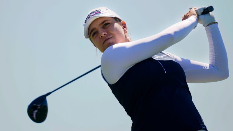 Stephanie Kyriacou, of Australia, tees off on the 13th hole during the first round of the ShopRite LPGA Classic golf tournament, Friday, June 10, 2022, in Galloway, N.J. (Matt Rourke/AP)