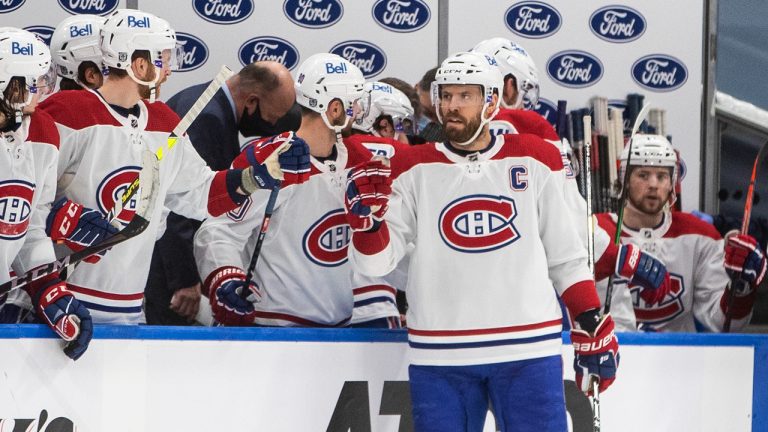Montreal Canadiens' Shea Weber (6) celebrates a goal against the Edmonton Oilers during second period NHL action in Edmonton on Monday, January 18, 2021. (Jason Franson/CP)