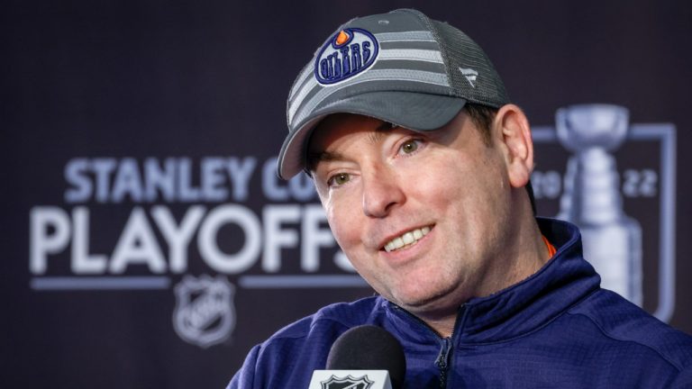 Edmonton Oilers head coach Jay Woodcroft speaks at a media availability in Edmonton, Monday, May 23, 2022. (Jeff McIntosh/THE CANADIAN PRESS)