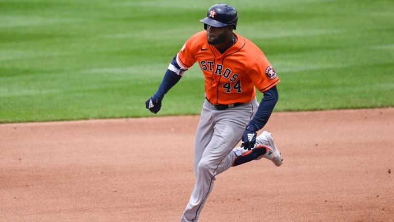 Houston Astros' Yordan Alvarez runs out a triple during the fourth inning of a baseball game against the Kansas City Royals, Sunday, June 5, 2022, in Kansas City, Mo. (Reed Hoffmann/AP)