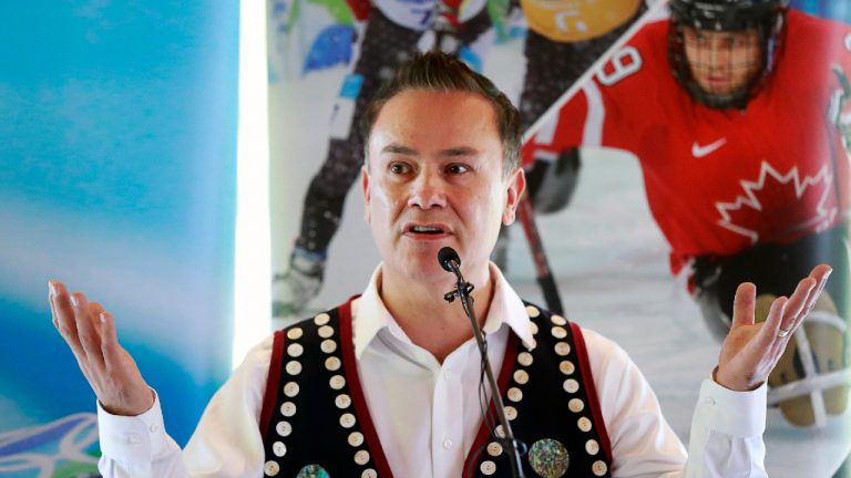 Tewanee Joseph of the Squamish Nation takes part in a joint press conference between the Canadian Olympic Committee, the Four Host First Nations, and the cities of Vancouver and Whistler where the “hosting concept" for the 2030 Winter Olympics bid was unveiled in Whistler, B.C., on Tuesday, June 14, 2022. (Jeff Vinnick/CP) 