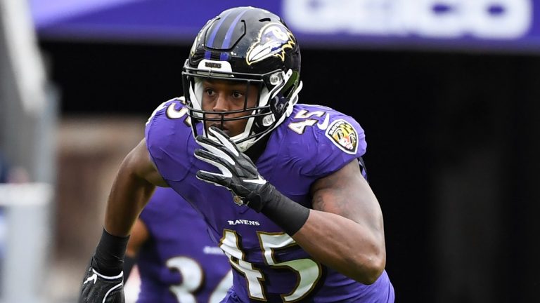 FILE - Baltimore Ravens linebacker Jaylon Ferguson plays during the first half of an NFL football game against the Los Angeles Rams, Sunday, Jan. 2, 2022, in Baltimore. Ravens linebacker Jaylon Ferguson has died at age 26, his agent confirmed Wednesday, June 22, 2022. (Terrance Williams/AP)