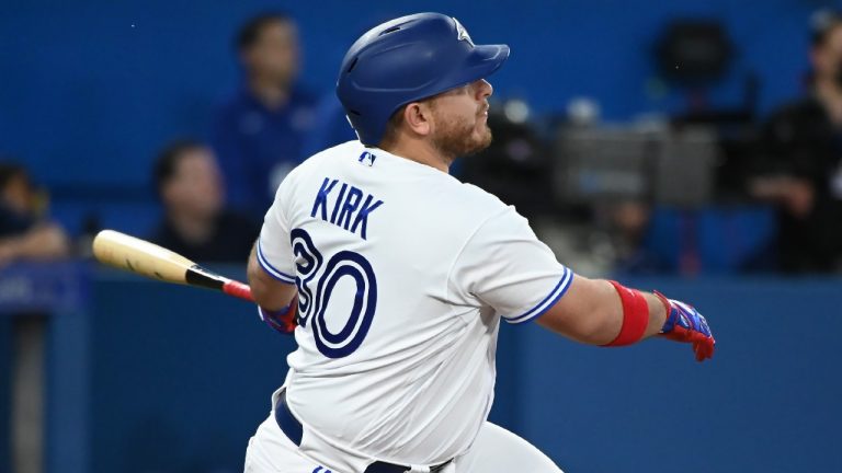 Toronto Blue Jays catcher Alejandro Kirk (30) hits a two RBI home run scoring teammate Teoscar Hernandez during fifth inning American League baseball action against the Chicago White Sox in Toronto on Tuesday, May 31, 2022. (Jon Blacker/CP)