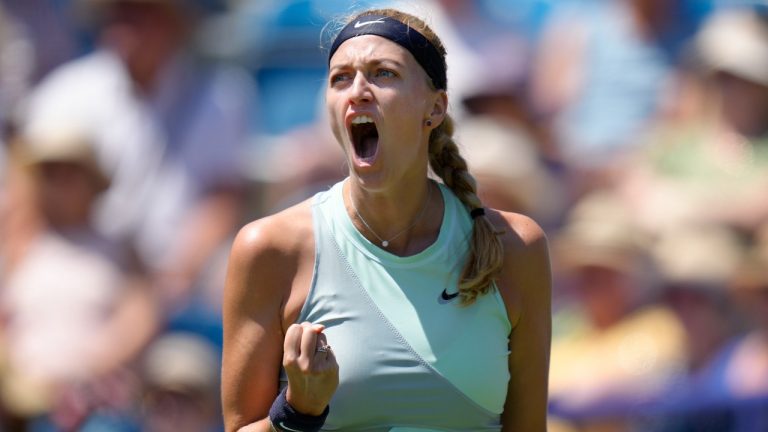 Petra Kvitova of Czech Republic celebrates winning a oint against Katie Boulter of Britain during their singles tennis match at the Eastbourne International tennis tournament in Eastbourne, England, Wednesday, June 22, 2022. (Kirsty Wigglesworth/AP)