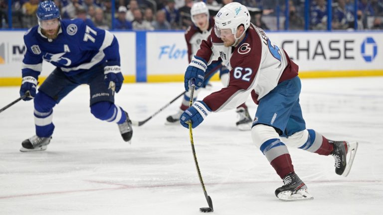 Colorado Avalanche left wing Artturi Lehkonen shoots during the second period of Game 4 of the NHL hockey Stanley Cup Finals against the Tampa Bay Lightning on Wednesday, June 22, 2022, in Tampa, Fla. (Phelan Ebenhack/AP)