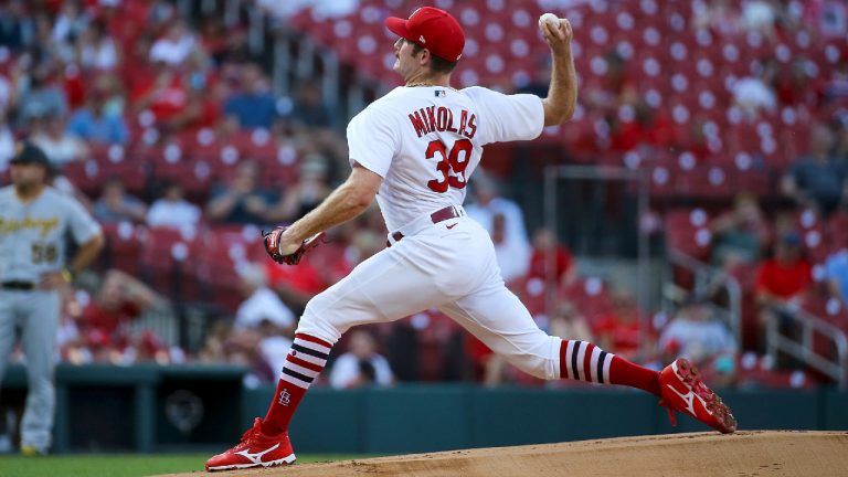 St. Louis Cardinals starting pitcher Miles Mikolas (39) throws during the first inning in the second game of a baseball doubleheader against the Pittsburgh Pirates on Tuesday, June 14, 2022, in St. Louis. (Scott Kane/AP)