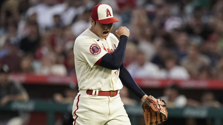 Los Angeles Angels starting pitcher Shohei Ohtani reacts after striking out Chicago White Sox's Josh Harrison to end the top of the fourth inning of a baseball game. (Jae C. Hong/AP)