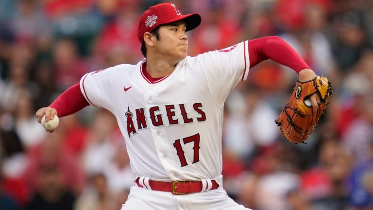 Los Angeles Angels starting pitcher Shohei Ohtani (17) throws during the first inning of a baseball game against the Kansas City Royals in Anaheim, Calif., Wednesday, June 22, 2022. (Ashley Landis/AP)