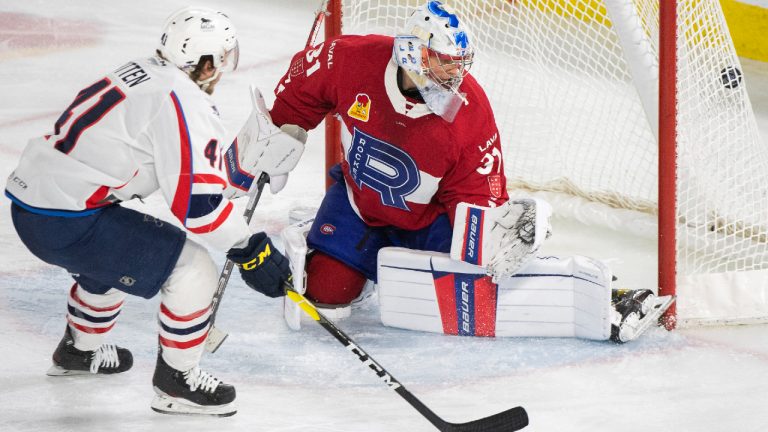 Springfield Thunderbirds' Will Bitten (41) scores against Laval Rocket goaltender Cayden Primeau during third period AHL playoff hockey action in Laval, Que., Wednesday, June 8, 2022. (Graham Hughes/CP)