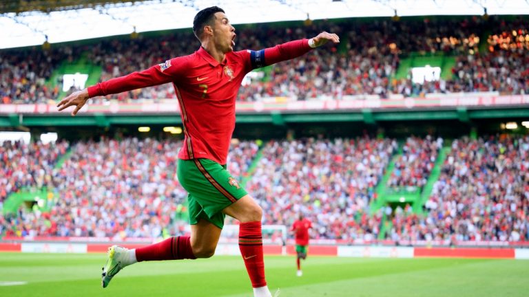 Portugal's Cristiano Ronaldo celebrates after scoring his side's second goal during the UEFA Nations League soccer match between Portugal and Switzerland, at the Jose Alvalade Stadium in Lisbon, Portugal, Sunday, June 5, 2022. (Laurent Gillieron/Keystone via AP)
