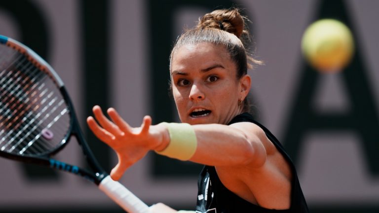 Greece's Maria Sakkari returns the ball to Karolina Muchova of the Czech Republic during their second round match of the French Open tennis tournament at the Roland Garros stadium Wednesday, May 25, 2022 in Paris. (Thibault Camus/AP)