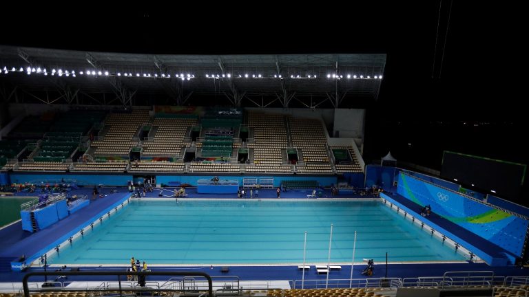The pool in the Lenk Aquatic Center where the 2016 Summer Olympics synchronized swimming competition is photographed as the draining process starts on Saturday, Aug. 13, 2016 in Rio de Janeiro, Brazil. (AP Photo)