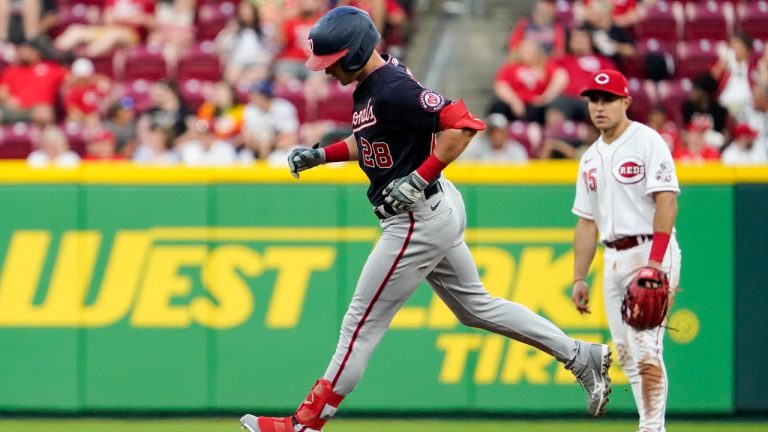 Washington Nationals' Lane Thomas (28) rounds second base after hitting a solo home run during the fifth inning of the team's baseball game against the Cincinnati Reds on Friday, June 3, 2022, in Cincinnati. (Jeff Dean/AP)