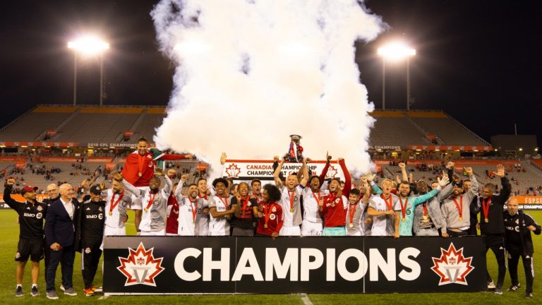 Toronto FC celebrates their win over Forge FC in the 2020 Canadian Championship Final soccer in Hamilton, Ont. on Saturday, June 4, 2022. (Peter Power/CP)