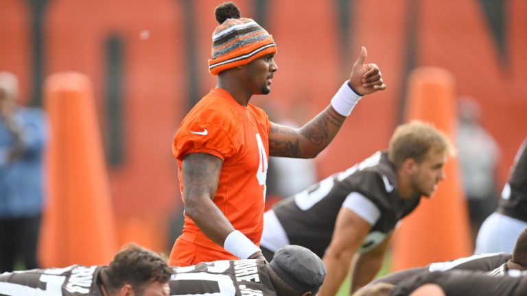 Cleveland Browns quarterback Deshaun Watson calls a play during an NFL football practice at the team's training facility Wednesday, June 1, 2022, in Berea, Ohio. (David Richard/AP)