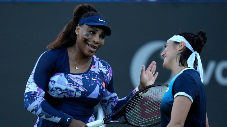 Serena Williams of the United States and Ons Jabeur of Tunisia celebrate after defeating Shuko Aoyama of Japan and Hao-Ching of Taiwan in their quarterfinal doubles tennis match at the Eastbourne International tennis tournament in Eastbourne, England, Wednesday, June 22, 2022. (Kirsty Wigglesworth/AP)