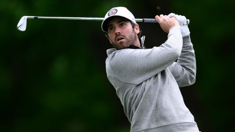 Matthew Wolff watches his tee shot on the third hole during the final round of the Wells Fargo Championship golf tournament, Sunday, May 8, 2022, at TPC Potomac at Avenel Farm golf club in Potomac, Md. (Nick Wass/AP)