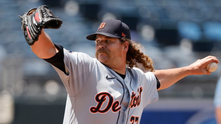 Detroit Tigers relief pitcher Andrew Chafin throws to a Kansas City Royals batter during the sixth inning of the first game of a baseball doubleheader against the Kansas City Royals in Kansas City, Mo., Monday, July 11, 2022. (Colin E. Braley/AP)