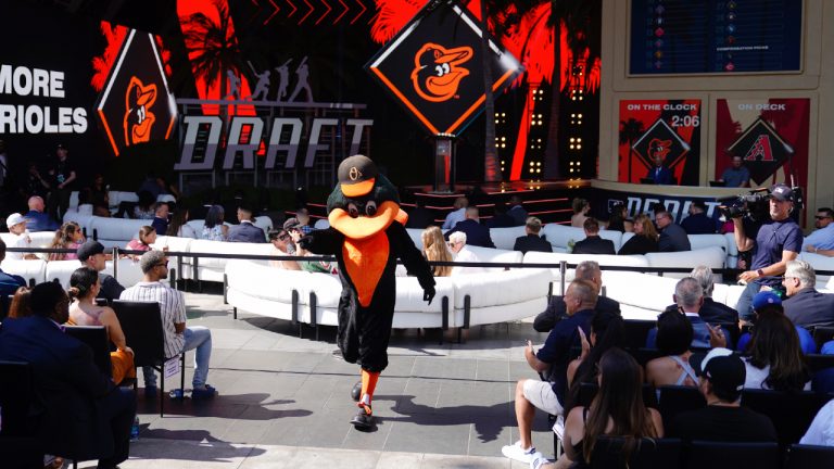 The Baltimore Orioles mascot greets fans during the 2022 MLB baseball draft, Sunday, July 17, 2022, in Los Angeles. (Jae C. Hong/AP)