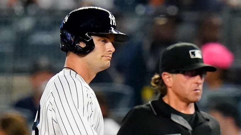 New York Yankees' Andrew Benintendi reacts after hitting a fly out during the ninth inning of a baseball game against the Kansas City Royals Thursday, July 28, 2022, in New York. (Frank Franklin II/AP Photo)