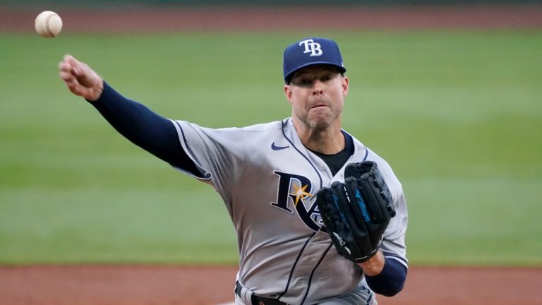 Tampa Bay Rays starting pitcher Corey Kluber delivers during the first inning of the team's baseball game against the Boston Red Sox at Fenway Park, Wednesday, July 6, 2022, in Boston. (Mary Schwalm/AP)