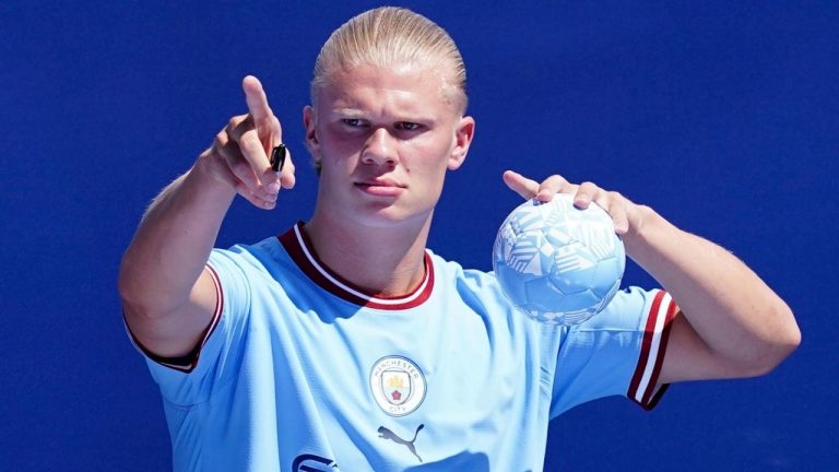 New Manchester City signing, Erling Haaland during a presentation of new signings at Etihad Stadium, Manchester, England, Sunday July 10, 2022. (Martin Rickett/PA via AP)