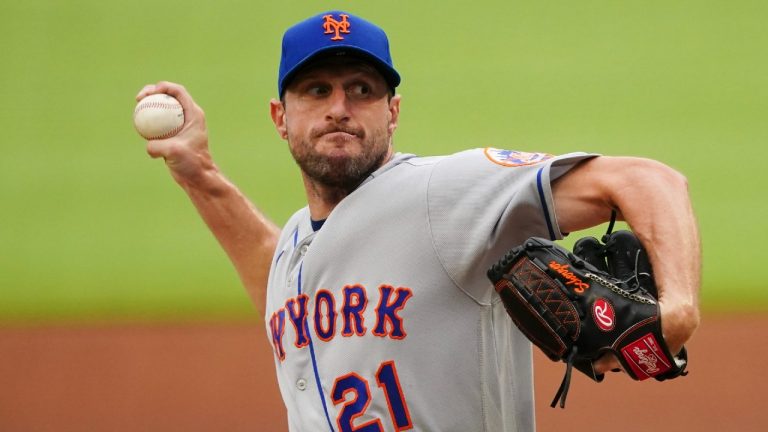 New York Mets starting pitcher Max Scherzer works the first inning of a baseball game against the Atlanta Braves, Monday, July 11, 2022, in Atlanta. (John Bazemore/AP)