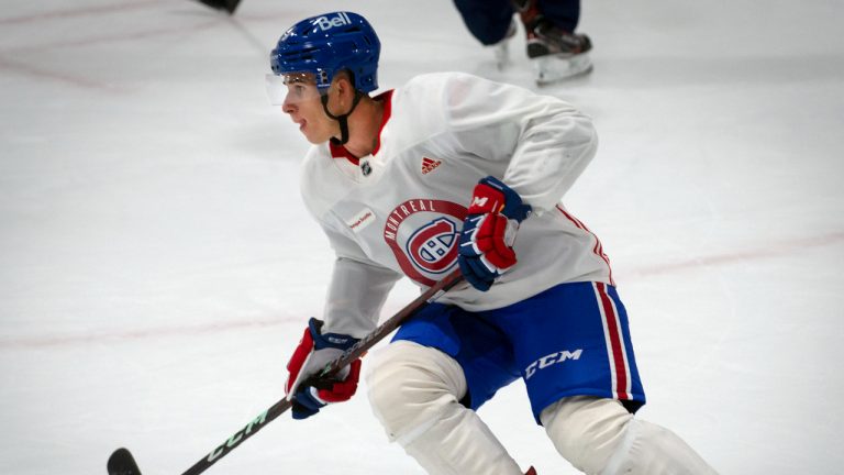 Montreal Canadiens NHL draft pick Filip Mesar from Slovakia goes through skating drills at the Bell Sports Complex in Brossard, Que. during day one of their evaluation camp on Monday, July 11, 2022. (Peter McCabe/CP)