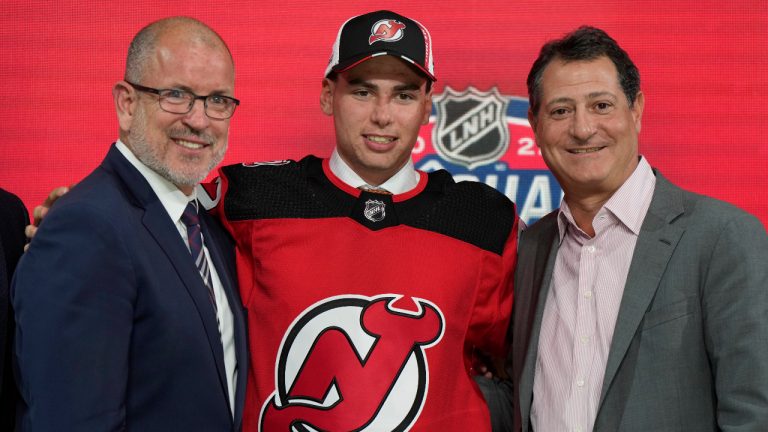 Simon Nemec poses for photos after being selected as the second pick in the first round of the NHL draft by the New Jersey Devils in Montreal on Thursday, July 7, 2022. (Ryan Remiorz/CP)