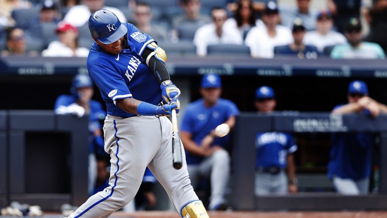 Kansas City Royals' Salvador Perez (13) hits a three-run home run against the New York Yankees during the ninth inning of a baseball game Sunday, July 31, 2022, in New York. (Noah K. Murray/AP)