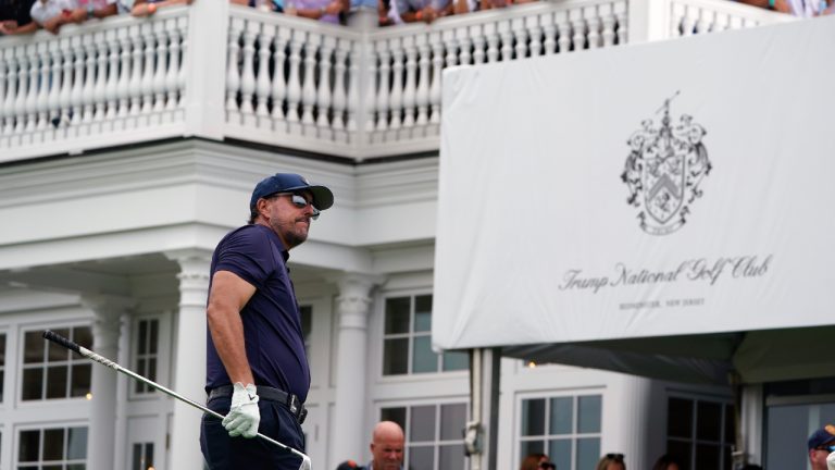 Phil Mickelson tees off the 16th hole during the first round of the Bedminster Invitational LIV Golf tournament in Bedminster, NJ., Friday, July 29, 2022. (Seth Wenig/AP)