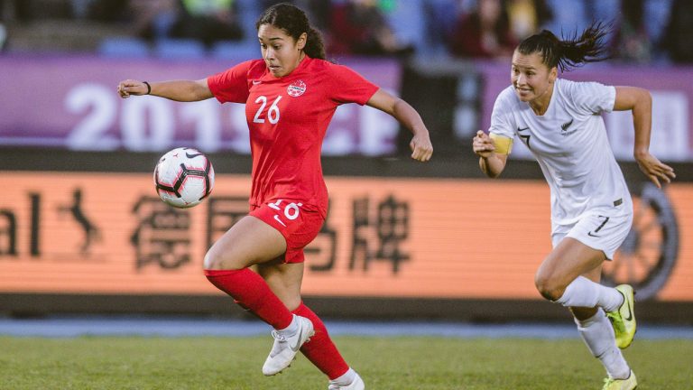 Olivia Smith carries the ball in this handout image during an International women’s football Tournament in Yongchuan, China on November 10, 2019. (CP/HO-Canada Soccer-Fang Fan)