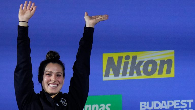 Second placed Mia Vallee of Canada celebrates after the women's diving 3m springboard final at the 19th FINA World Championships in Budapest, Hungary, Saturday, July 2, 2022. (Petr David Josek/AP)