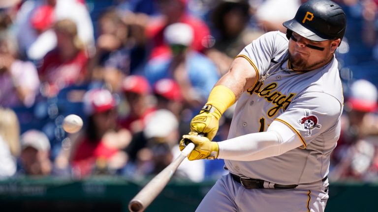Pittsburgh Pirates designated hitter Daniel Vogelbach hits a solo home run during the fourth inning of a baseball game against the Washington Nationals at Nationals Park, Wednesday, June 29, 2022, in Washington. (Alex Brandon/AP)