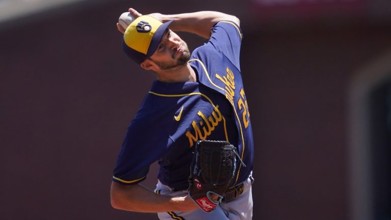 Milwaukee Brewers' Aaron Ashby pitches against the San Francisco Giants during the first inning of a baseball game in San Francisco, Sunday, July 17, 2022. (Jeff Chiu/AP)