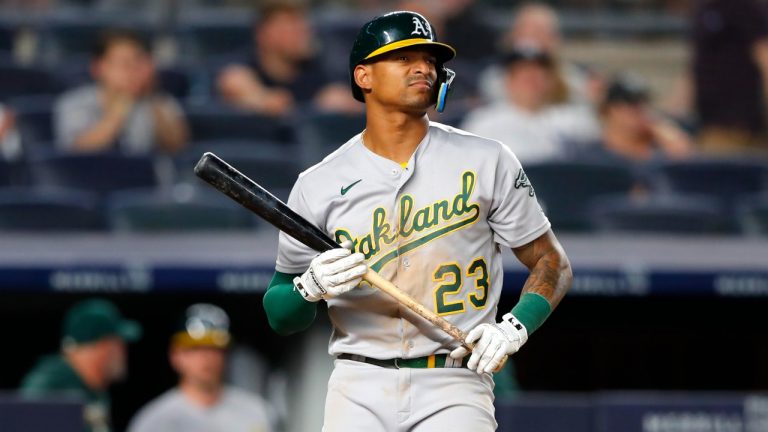 Oakland Athletics first baseman Christian Bethancourt (23) reacts after striking out against the New York Yankees during the ninth inning of a baseball game, Tuesday, June 28, 2022, in New York. (Noah K. Murray/AP)