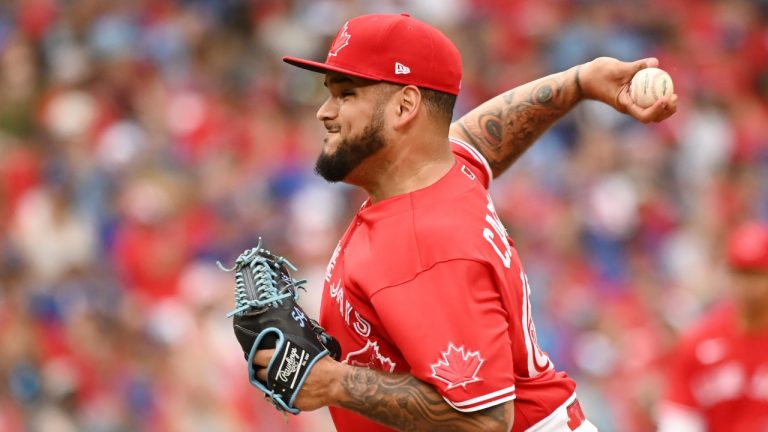 Toronto Blue Jays' relief pitcher Max Castillo throws to a Tampa Bay Rays batter in eighth inning American League baseball action in Toronto, Friday, July 1, 2022. (Jon Blacker/CP)