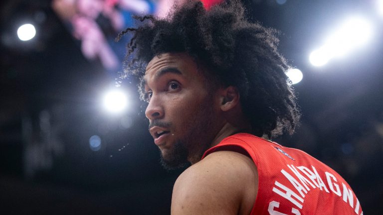 Justin Champagnie looks over at the bench during NBA basketball action against the Oklahoma City Thunder in Toronto on Wednesday, December 8, 2021. (Chris Young/CP)