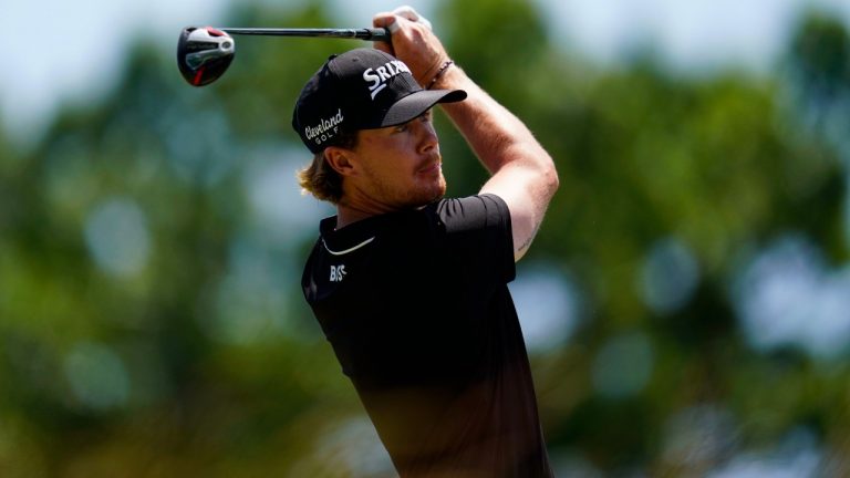 Sean Crocker hits on the 10th hole during a practice round for the U.S. Open golf tournament at The Country Club, Wednesday, June 15, 2022, in Brookline, Mass. (Julio Cortez/AP)