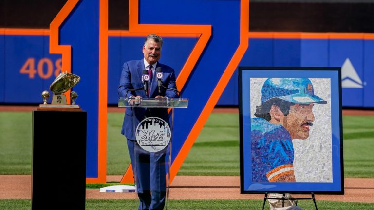 New York Mets announcer and former player Keith Hernandez speaks during a pre-game ceremony to retire his player number before a baseball game between the Mets and Miami Marlins, Saturday, July 9, 2022, in New York. (John Minchillo/AP)