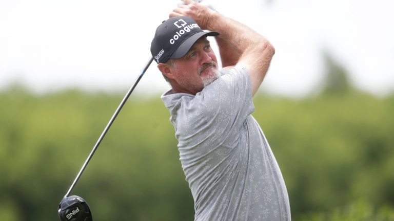 Jerry Kelly hits a tee shot on the ninth hole during the American Family Insurance Championship golf tournament at University Ridge in Madison, Wis., Friday, June 10, 2022. (Kayla Wolf/Wisconsin State Journal via AP)