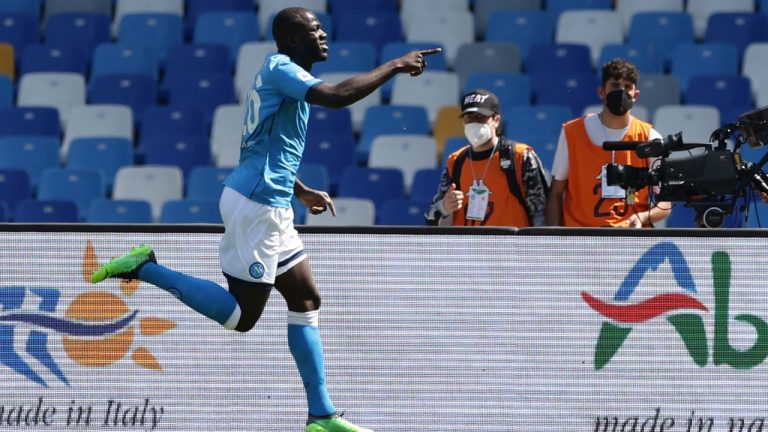 Napoli's Kalidou Koulibaly celebrates after scoring during the Italian Serie A soccer match between Napoli and Sasssuolo, at the Diego Armando Maradona stadium in Naples, Italy, Saturday, April 30, 2022. (Alessandro Garofalo/LaPresse via AP)