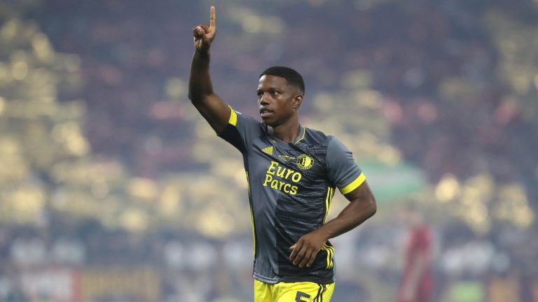 Feyenoord's Tyrell Malacia gestures during the Europa Conference League final soccer match between AS Roma and Feyenoord at National Arena in Tirana, Albania, Wednesday, May 25, 2022. (Franc Zhurda/AP)
