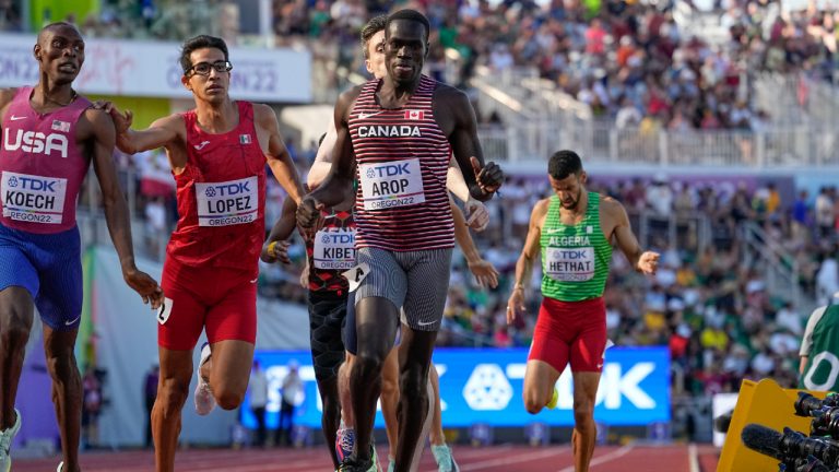 Marco Arop, of Canada, wins during a heat in the men's 800-meter run at the World Athletics Championships on Wednesday, July 20, 2022, in Eugene, Ore. (Ashley Landis/AP)