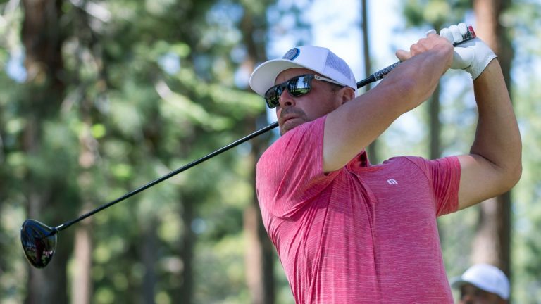 Mark Mulder watches his tee shot on the second hole during the first round of the American Century Celebrity Championship golf tournament at Edgewood Tahoe Golf Course in Stateline, Nev., Friday, July 8, 2022. (Tom R. Smedes/AP)