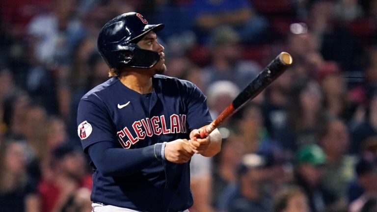 Cleveland Guardians' Josh Naylor watches his solo home run, which broke a 6-6 tie, during the ninth inning of the team's baseball game against the Boston Red Sox at Fenway Park, Wednesday, July 27, 2022, in Boston. (Charles Krupa/AP))