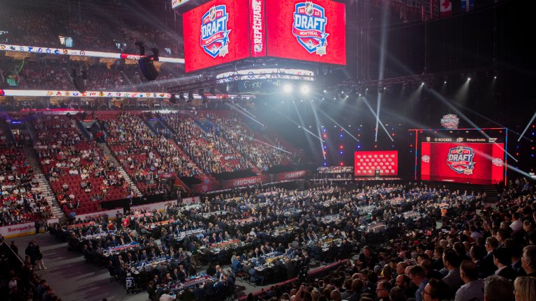 An overall view of the Bell Centre during the first round of the 2022 NHL draft in Montreal, Thursday, July 7, 2022. (Graham Hughes/CP) 