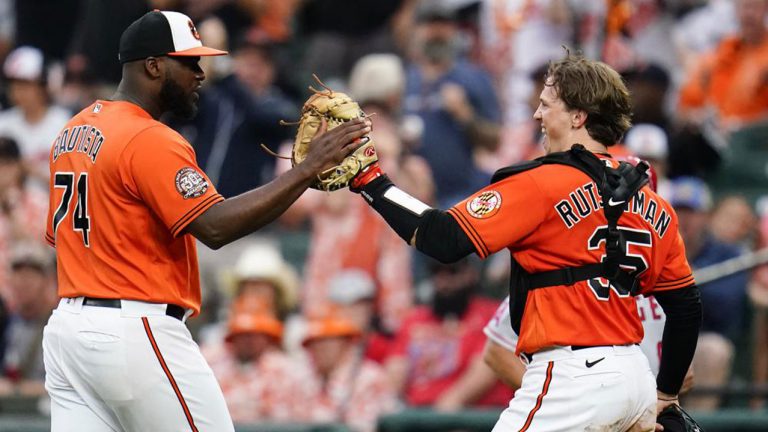 Baltimore Orioles relief pitcher Felix Bautista (74) and catcher Adley Rutschman (35) react after pitching to the Los Angeles Angels during the eighth inning of a baseball game. (Julio Cortez/AP)