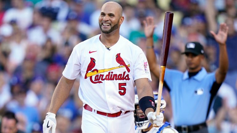Albert Pujols smiles during the MLB All-Star baseball Home Run Derby, Monday, July 18, 2022, in Los Angeles. (Abbie Parr/AP)